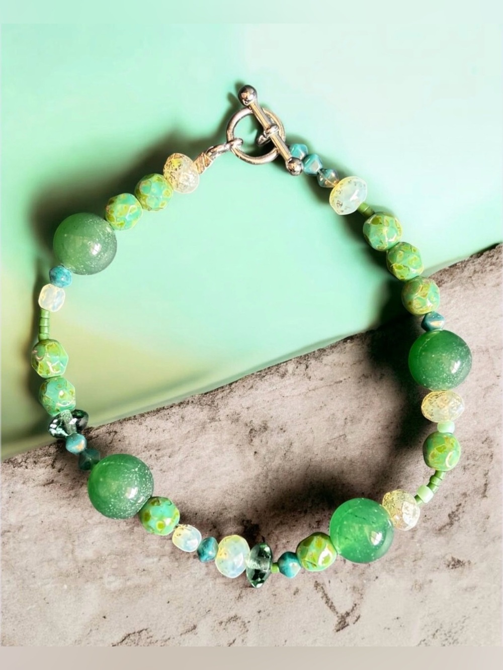 Handmade Green Jade & Gold Foil Beaded Bracelet | 7 IN | Toggle Clasp